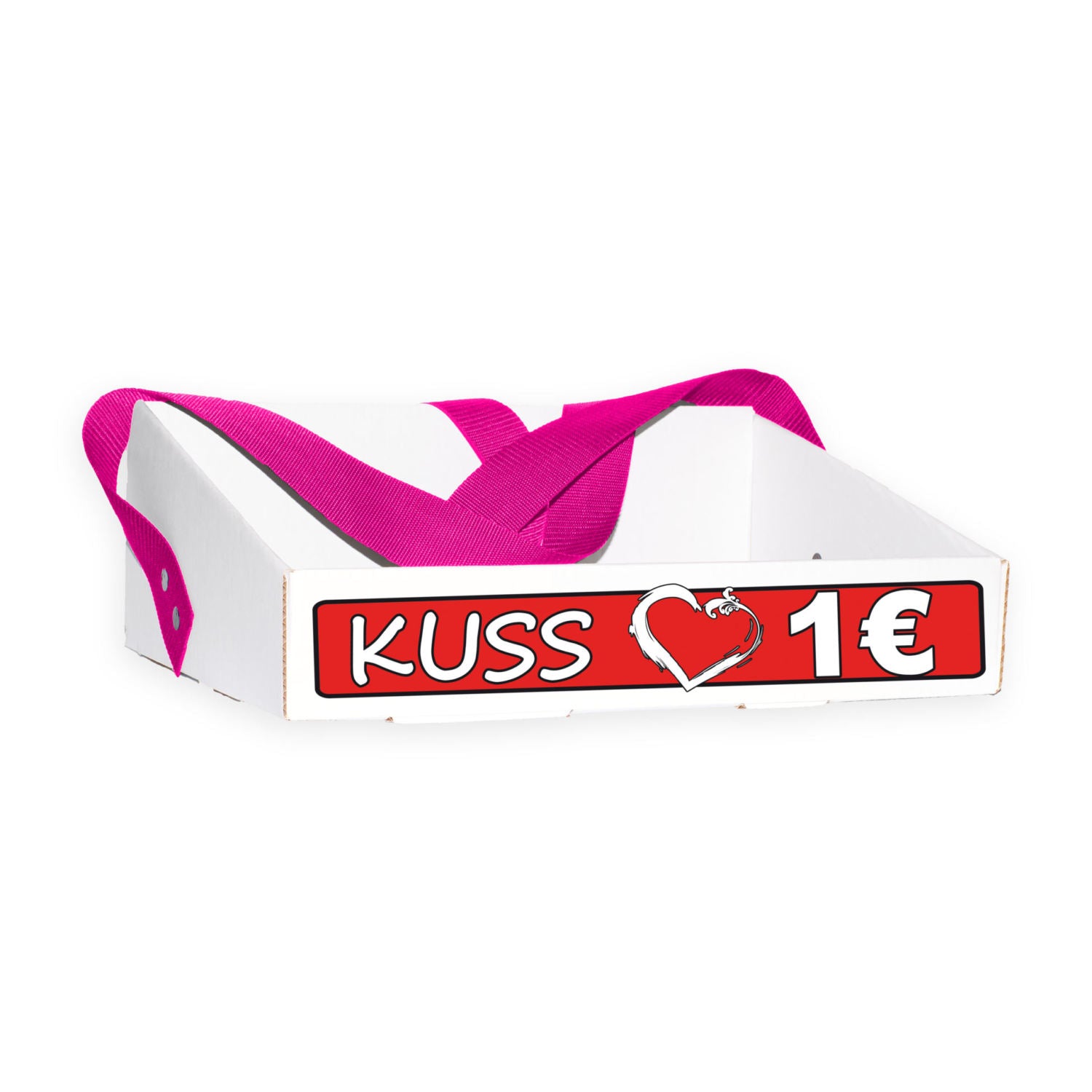 Bauchladen mit dem Motiv „Kuss 1€” in rot-weißem Design. Der Bauchladen wird von einer Frau getragen und bietet die Möglichkeit, Küsse der angehenden Braut gegen Gebühr anzubieten, um Geld für den Junggesellenabschied zu verdienen.
