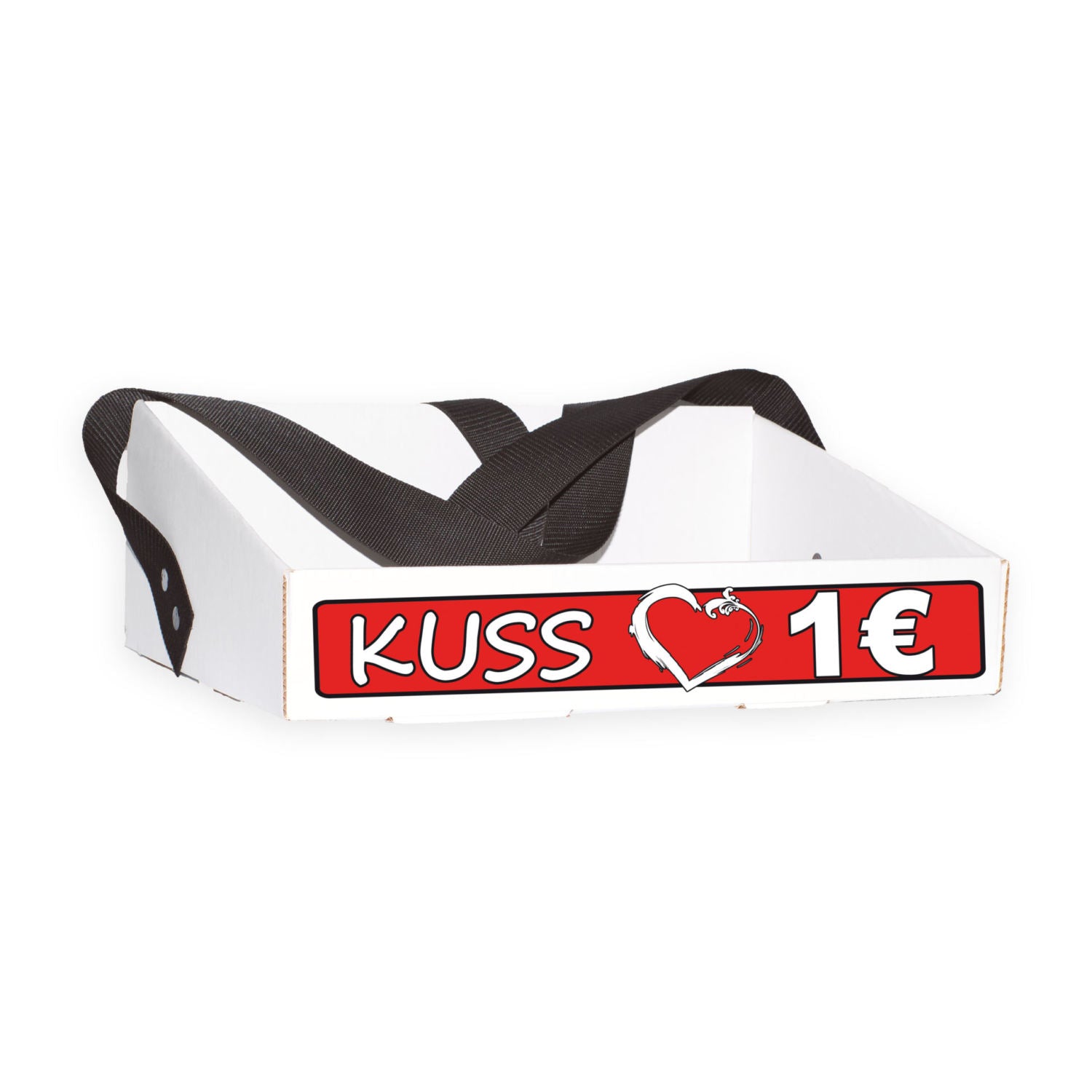 Bauchladen mit dem Motiv „Kuss 1€” in rot-weißem Design. Der Bauchladen wird von einer Frau getragen und bietet die Möglichkeit, Küsse der angehenden Braut gegen Gebühr anzubieten, um Geld für den Junggesellenabschied zu verdienen.
