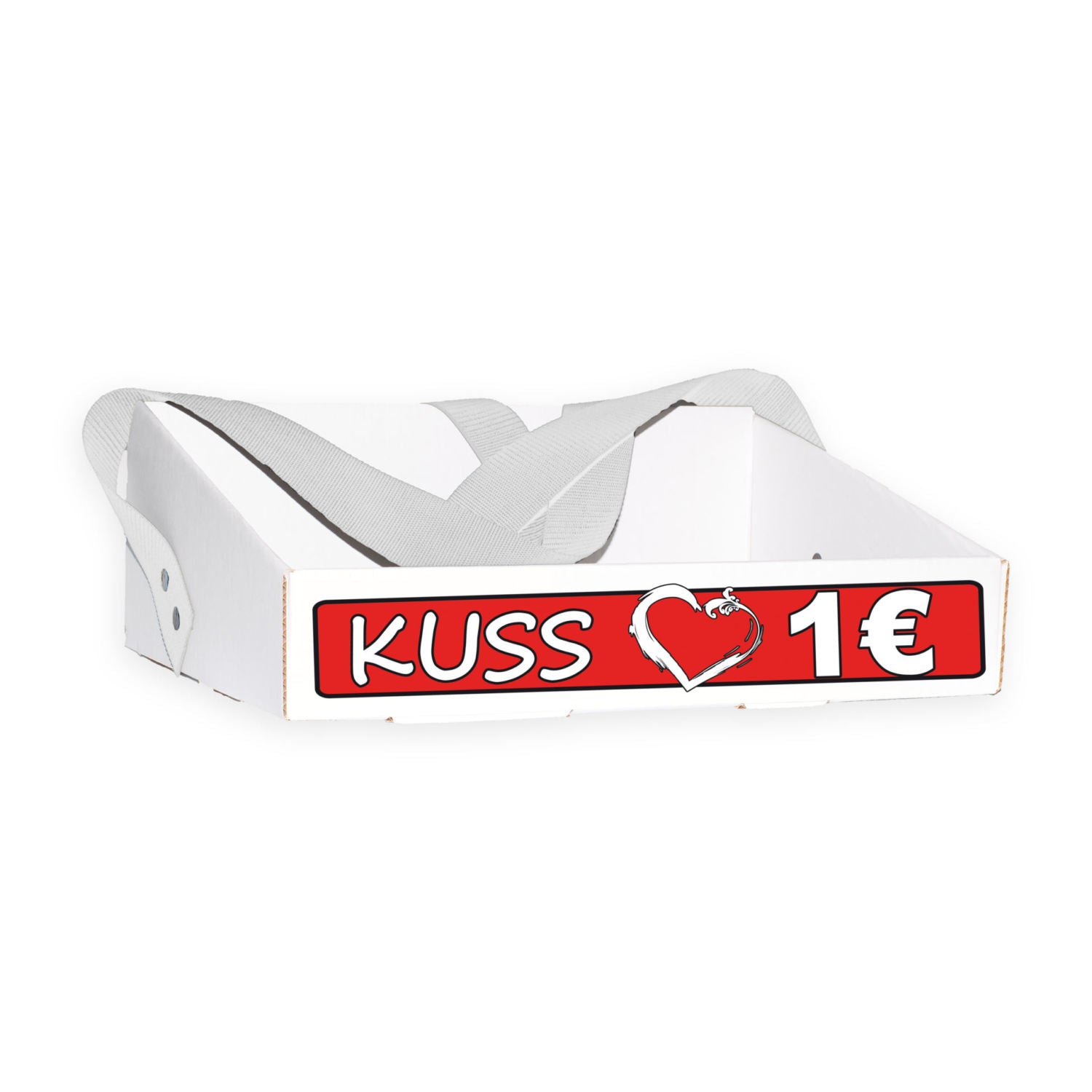 Bauchladen mit dem Motiv „Kuss 1€” in rot-weißem Design. Der Bauchladen wird von einer Frau getragen und bietet die Möglichkeit, Küsse der angehenden Braut gegen Gebühr anzubieten, um Geld für den Junggesellenabschied zu verdienen.