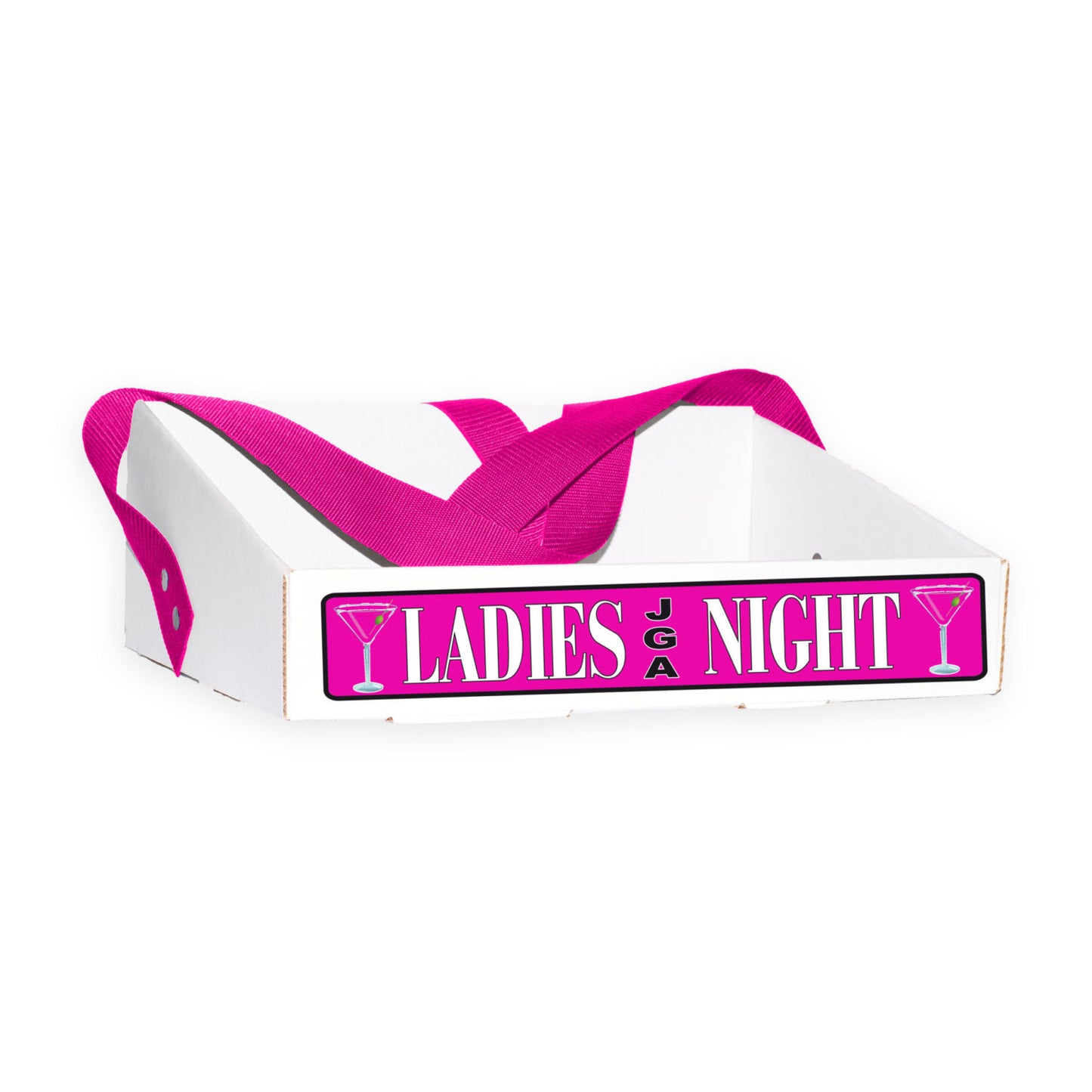 Bauchladen mit pinkem 'Ladies Night'-Motiv und stilvollem Schriftzug. Perfekt für die Junggesellin, um Scherzartikel zu verkaufen und Spaß mit Freundinnen zu haben. Gurtbandfarbe frei wählbar.