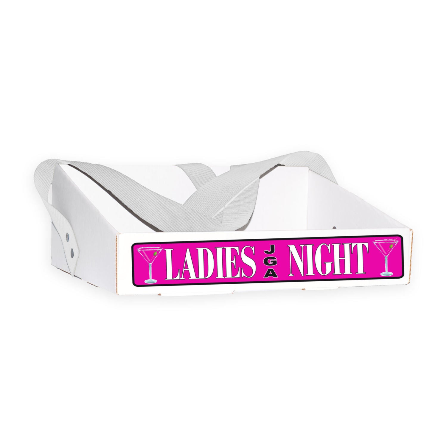 Bauchladen mit pinkem 'Ladies Night'-Motiv und stilvollem Schriftzug. Perfekt für die Junggesellin, um Scherzartikel zu verkaufen und Spaß mit Freundinnen zu haben. Gurtbandfarbe frei wählbar.