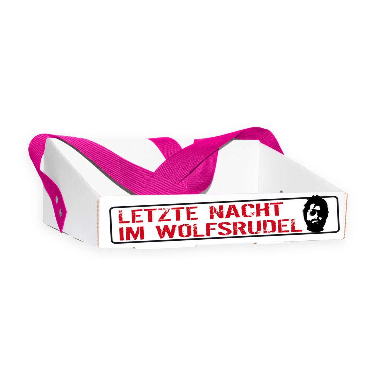 Bauchladen im „Letzte Nacht im Wolfsrudel“ Design für den Junggesellenabschied, stabil aus Wellpappenkarton, mit extra breitem und bequemem Gurt, individualisierbarer Gurtfarbe, inspiriert von dem Kultfilm „Hangover“.