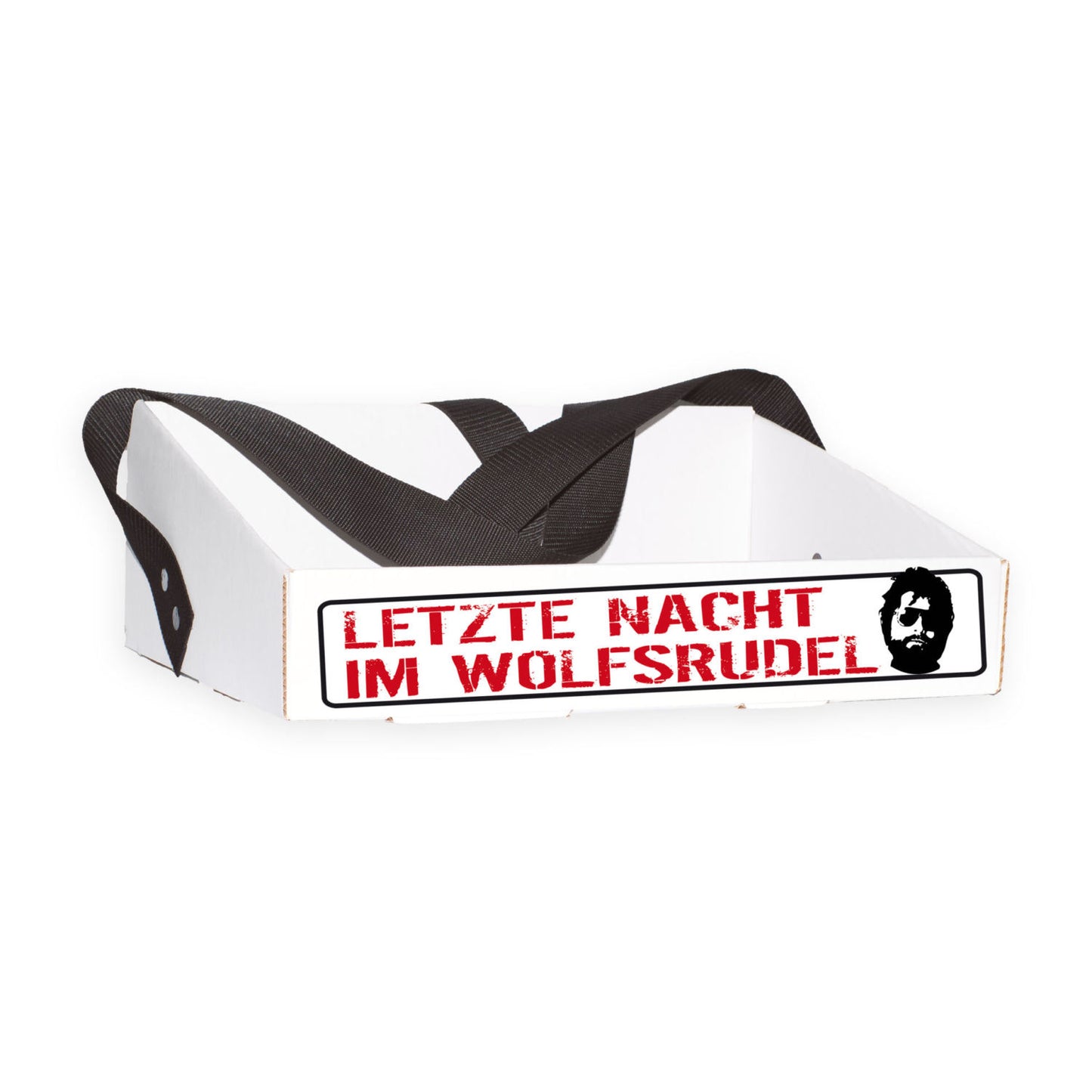 Bauchladen im „Letzte Nacht im Wolfsrudel“ Design für den Junggesellenabschied, stabil aus Wellpappenkarton, mit extra breitem und bequemem Gurt, individualisierbarer Gurtfarbe, inspiriert von dem Kultfilm „Hangover“.