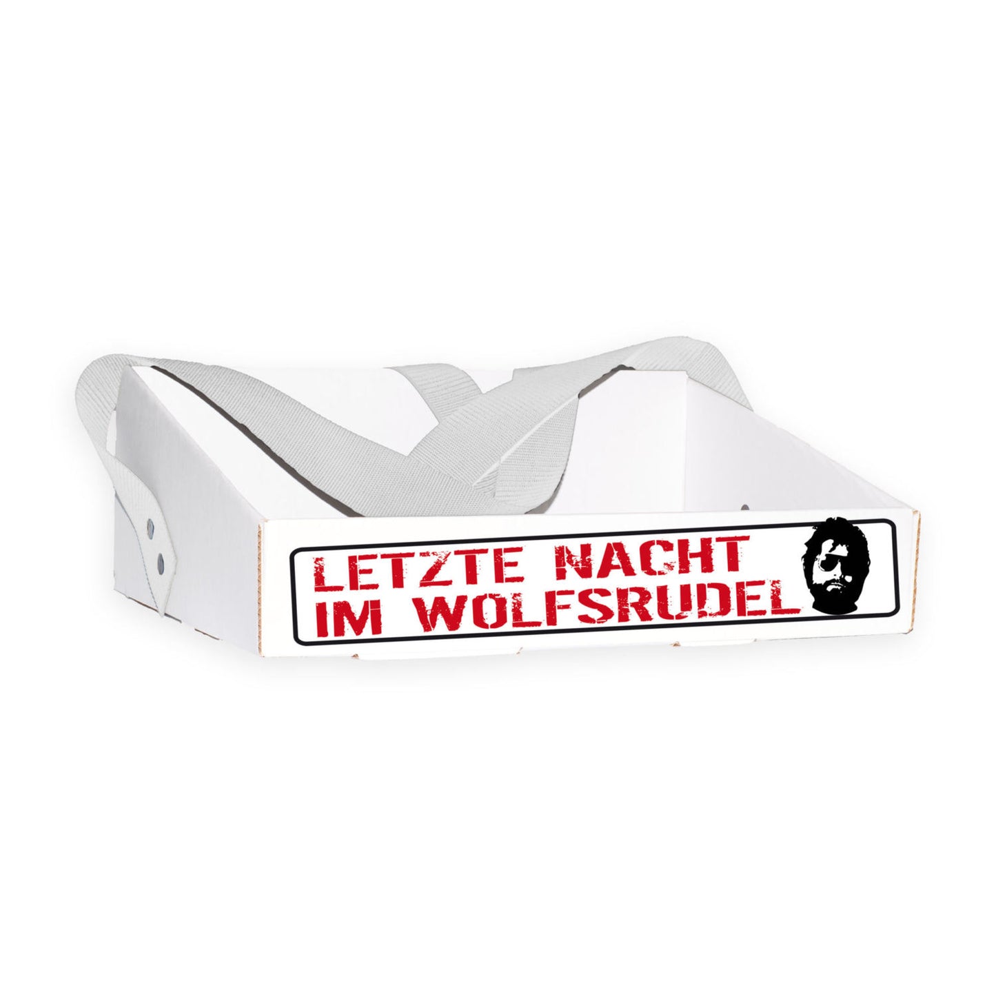 Bauchladen im „Letzte Nacht im Wolfsrudel“ Design für den Junggesellenabschied, stabil aus Wellpappenkarton, mit extra breitem und bequemem Gurt, individualisierbarer Gurtfarbe, inspiriert von dem Kultfilm „Hangover“.