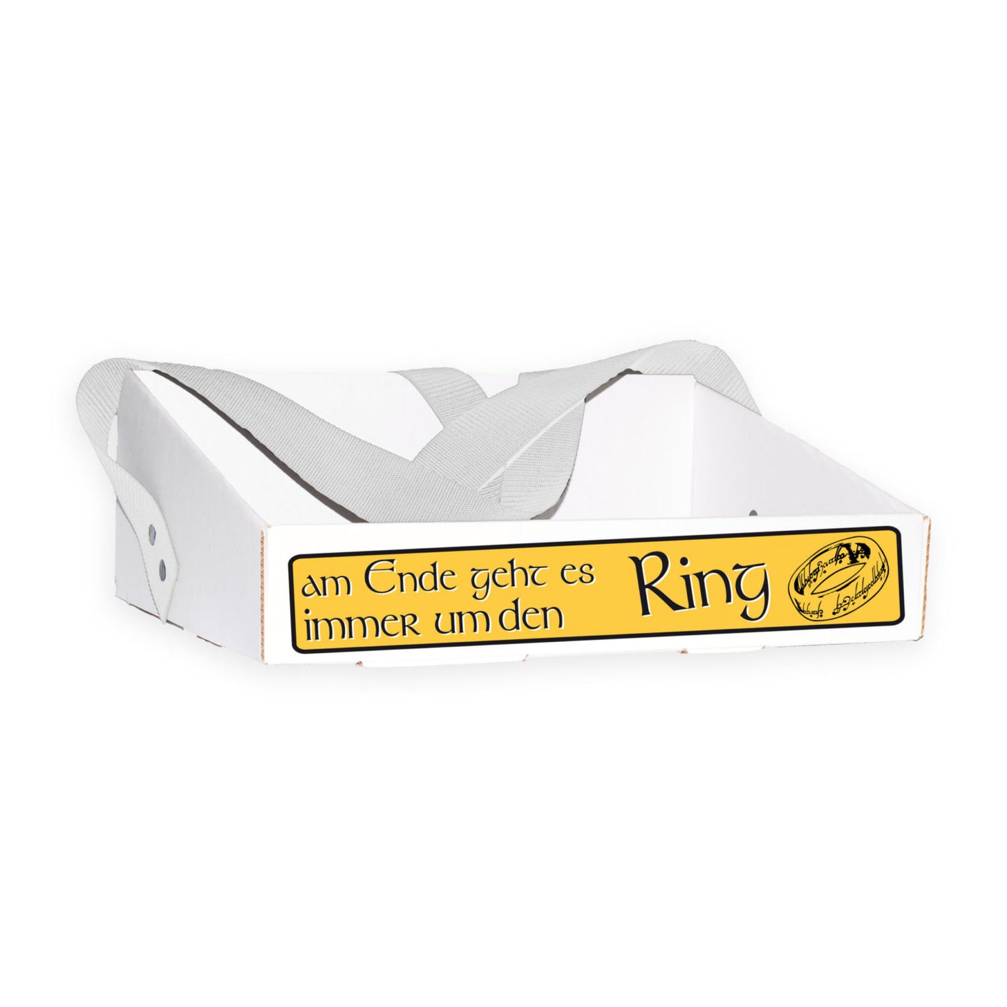 Bauchladen „Am Ende geht es um den Ring“ für den Junggesellenabschied, stabil aus verstärktem Wellpappenkarton, leichtes Design mit veränderbarer Gurtfarbe und extra breitem Gurt für hohen Tragekomfort.