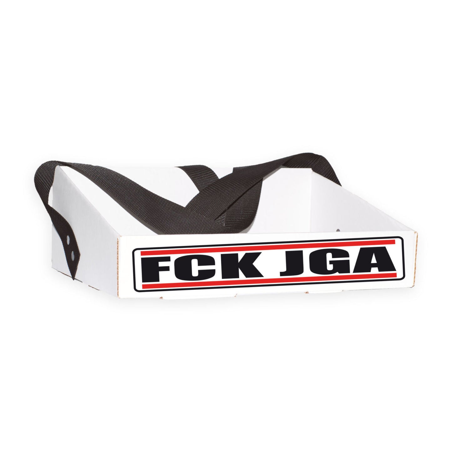 Bauchladen „FCK JGA“ für Junggesellenabschiede mit auffälligem Motiv in großen Buchstaben. Der Bauchladen besteht aus stabilem Wellpappenkarton und hat einen breiten Gurt für hohen Tragekomfort. Ideal für das Mitführen von Partyutensilien, Snacks und Getränken während einer ausgelassenen Feier.