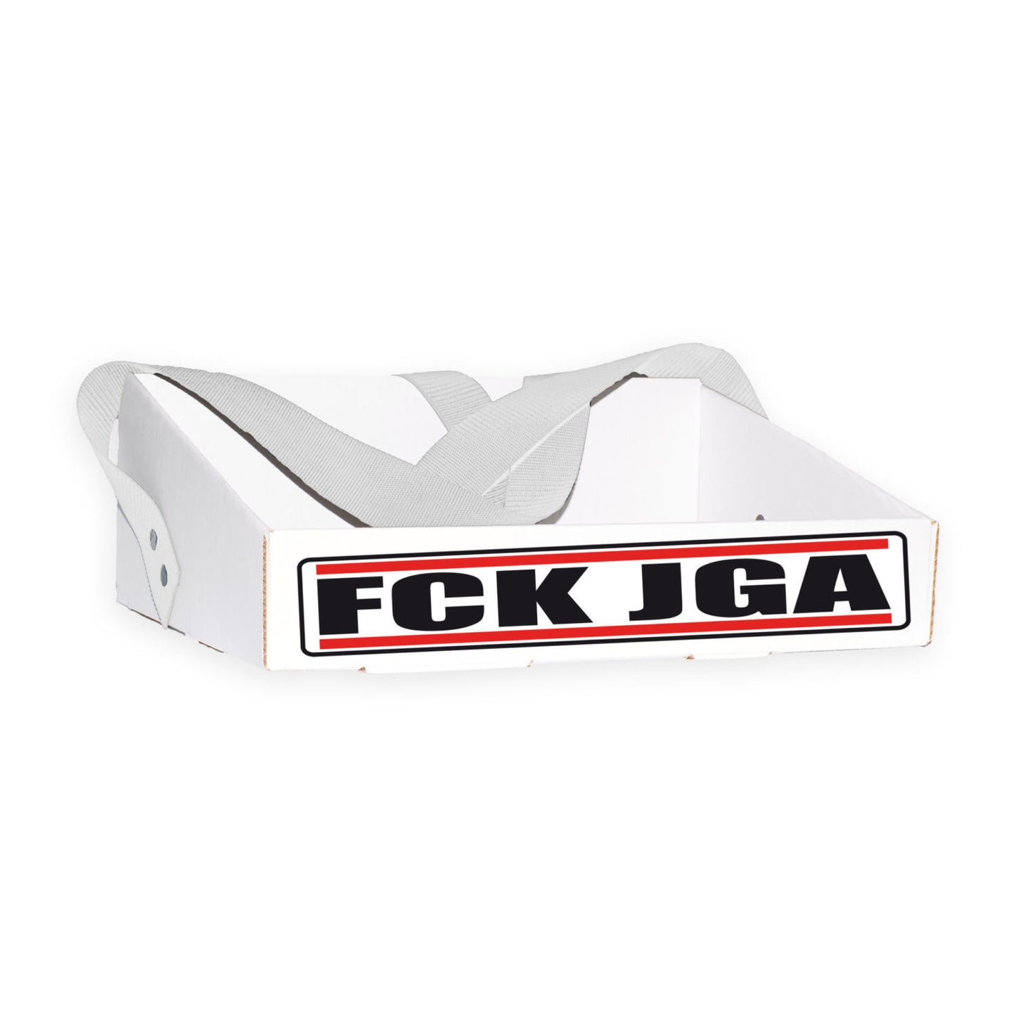 Bauchladen „FCK JGA“ für Junggesellenabschiede mit auffälligem Motiv in großen Buchstaben. Der Bauchladen besteht aus stabilem Wellpappenkarton und hat einen breiten Gurt für hohen Tragekomfort. Ideal für das Mitführen von Partyutensilien, Snacks und Getränken während einer ausgelassenen Feier.