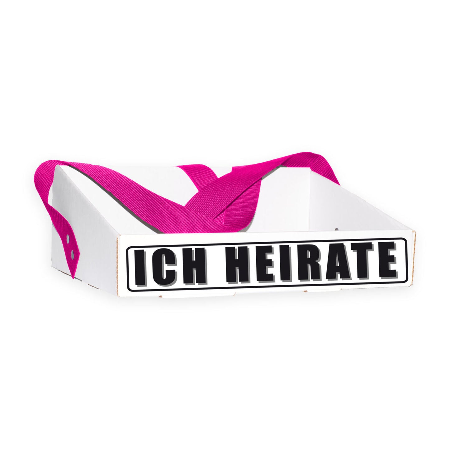Bauchladen mit dem Schriftzug „Ich heirate“ für Junggesellenabschiede. Hergestellt aus verstärktem Wellpappenkarton mit extra breitem Gurt für angenehmen Tragekomfort. Klassisches Design, geeignet für Bräute und Bräutigame, ohne peinlichen Kostüm-Look. Ideal für unvergessliche Feiern.