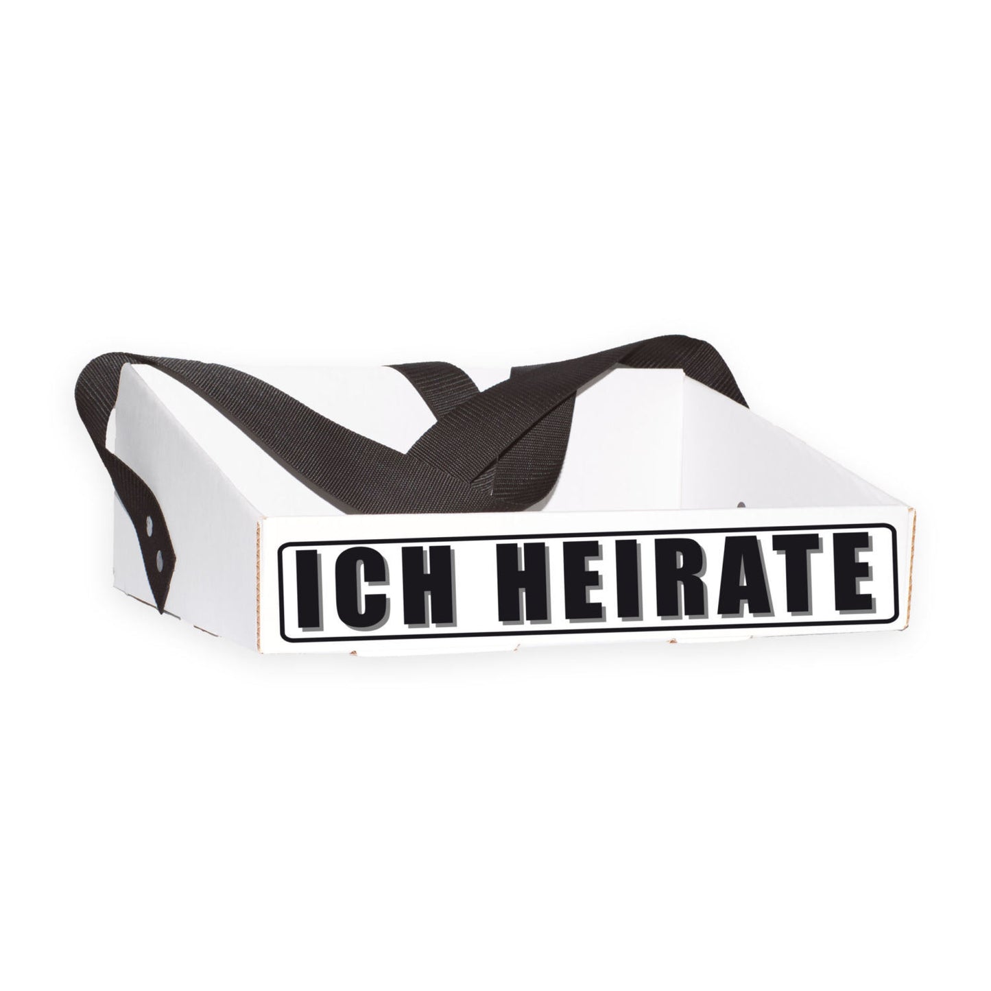 Bauchladen mit dem Schriftzug „Ich heirate“ für Junggesellenabschiede. Hergestellt aus verstärktem Wellpappenkarton mit extra breitem Gurt für angenehmen Tragekomfort. Klassisches Design, geeignet für Bräute und Bräutigame, ohne peinlichen Kostüm-Look. Ideal für unvergessliche Feiern.