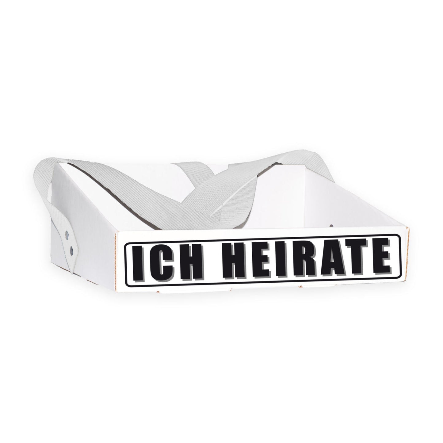 Bauchladen mit dem Schriftzug „Ich heirate“ für Junggesellenabschiede. Hergestellt aus verstärktem Wellpappenkarton mit extra breitem Gurt für angenehmen Tragekomfort. Klassisches Design, geeignet für Bräute und Bräutigame, ohne peinlichen Kostüm-Look. Ideal für unvergessliche Feiern.
