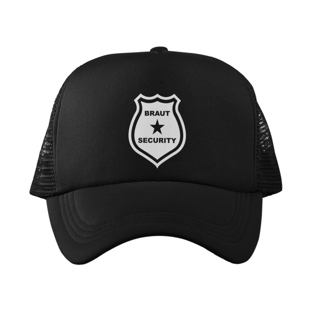 Trucker-Cap 'Braut Security' mit fünf Segmenten, vorgebogenem Schirm und größenverstellbarem Verschluss. Bedruckte Kappe mit 'Braut Security'-Aufschrift auf der Vorderseite.