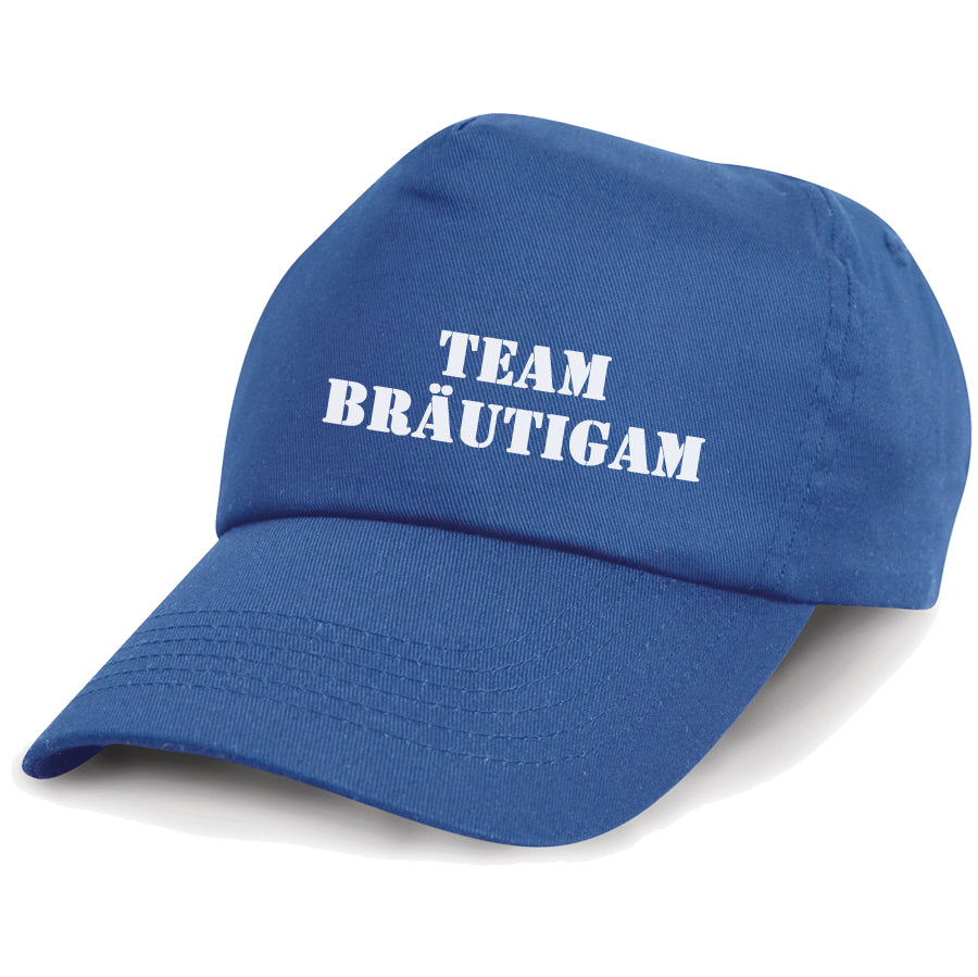 Cap Team Bräutigam in klassischem Design, passend zu verschiedenen JGA T-Shirts, erhältlich in Blau, Schwarz und Rot – ideal für den Junggesellenabschied.