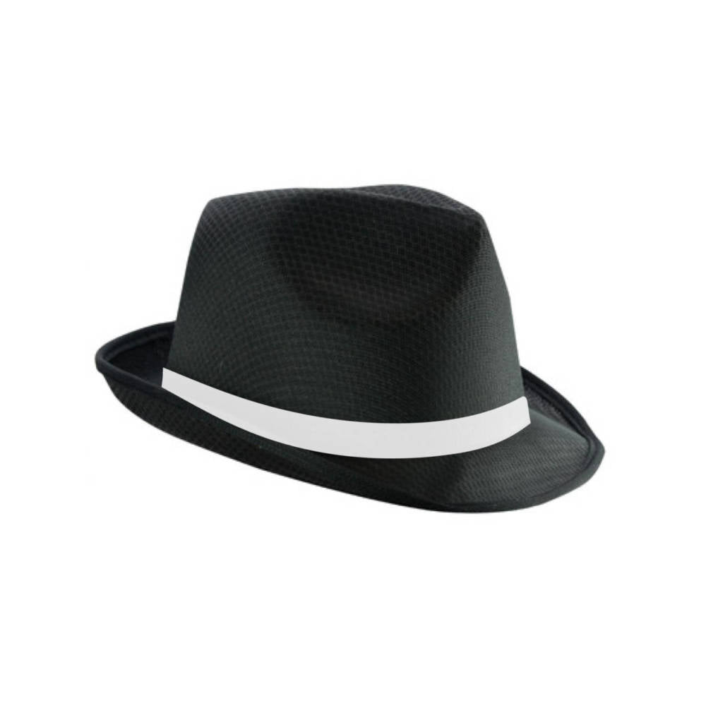 Klassischer Mafia/Gangster Hut mit schlichtem Hutband. Der Hut ist in Schwarz und Weiß gehalten und eignet sich perfekt für ein Junggesellenabschied-Motto. Er hat kein sichtbares Logo oder Aufdruck und betont so ein elegantes, minimalistisches Design. Ideal für die gesamte JGA-Gruppe, um ein gangsterhaftes Aussehen zu erzeugen.