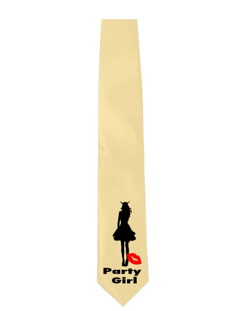 JGA Party Girl Krawatte mit stilisierter Frauensilhouette im Partykleid und Teufelshörnern. Aufschrift 'Partygirl' und roter Kussmund, bunt und passend zu jedem JGA Outfit.