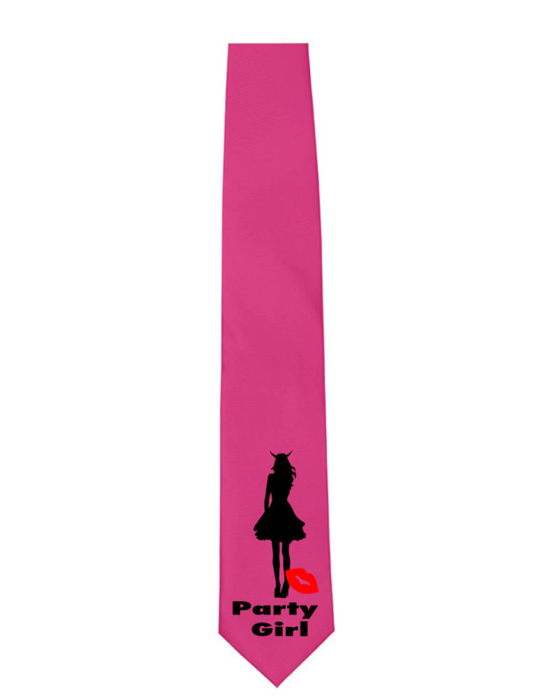 JGA Party Girl Krawatte mit stilisierter Frauensilhouette im Partykleid und Teufelshörnern. Aufschrift 'Partygirl' und roter Kussmund, bunt und passend zu jedem JGA Outfit.