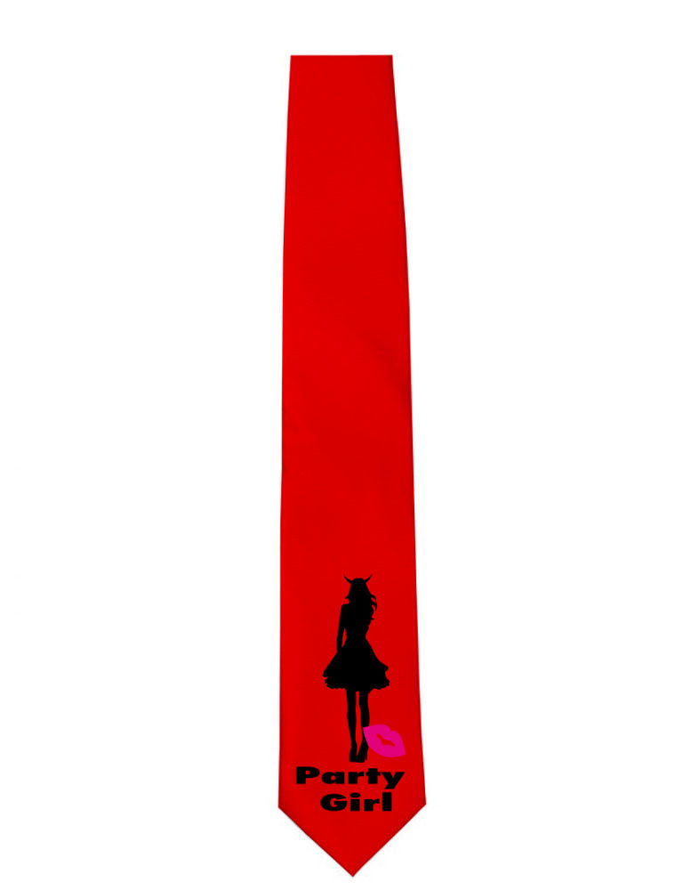 JGA Party Girl Krawatte mit stilisierter Frauensilhouette im Partykleid und Teufelshörnern. Aufschrift 'Partygirl' und roter Kussmund, bunt und passend zu jedem JGA Outfit.