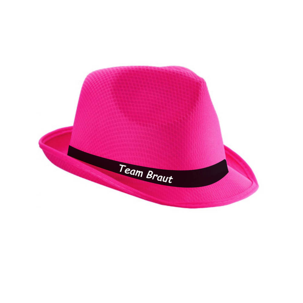 JGA Hut "Team Braut" mit bedrucktem Hutband, das den Schriftzug „Team Braut“ in stilvoller Schrift zeigt. Der Hut ist in den Farben pink, schwarz, weiß und rot erhältlich und hat eine Einheitsgröße. Ideal als Accessoire für den Junggesellinnenabschied, sorgt er dafür, dass die Freundinnen der Braut als Gruppe erkannt werden. Der auffällige Hut verleiht jedem Outfit eine besondere Note und macht die Trägerinnen zu echten Hinguckern. Perfekt für die gesamte Crew und ideal für Fotos während des JGAs.