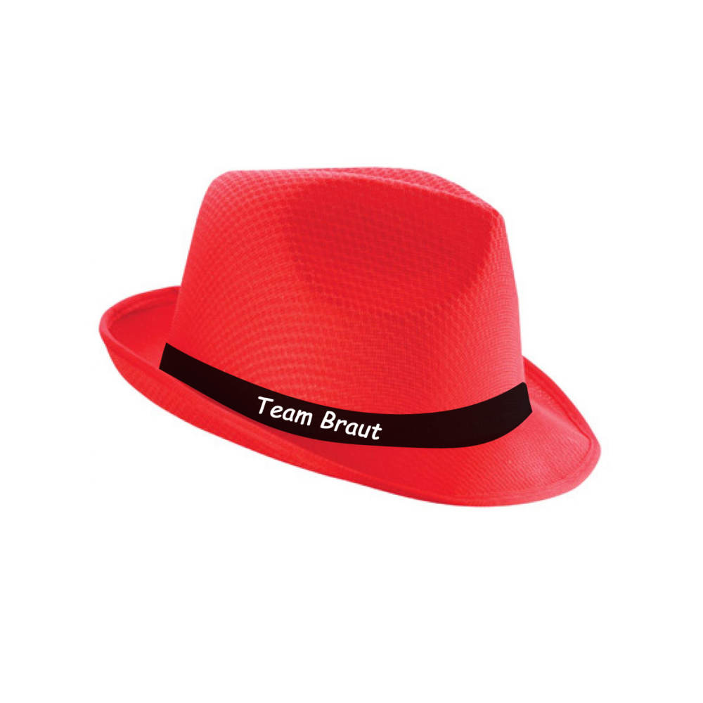 JGA Hut "Team Braut" mit bedrucktem Hutband, das den Schriftzug „Team Braut“ in stilvoller Schrift zeigt. Der Hut ist in den Farben pink, schwarz, weiß und rot erhältlich und hat eine Einheitsgröße. Ideal als Accessoire für den Junggesellinnenabschied, sorgt er dafür, dass die Freundinnen der Braut als Gruppe erkannt werden. Der auffällige Hut verleiht jedem Outfit eine besondere Note und macht die Trägerinnen zu echten Hinguckern. Perfekt für die gesamte Crew und ideal für Fotos während des JGAs.
