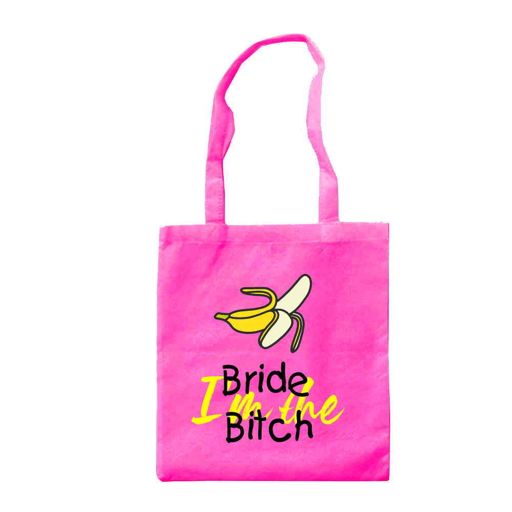 JGA Tasche "I’m the Bride Bitch" aus Stoff mit den Maßen 42 cm x 38 cm, bedruckt mit der Aufschrift „I’m the Bride Bitch“ und einem Bild einer Banane. Der große Beutel ist ideal für alle Utensilien, die am Junggesellinnenabschied benötigt werden, und hat lange Henkel zum bequemen Tragen.