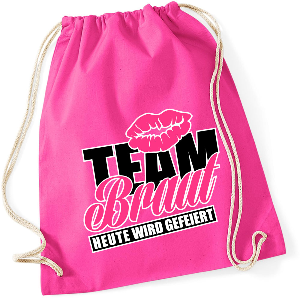 JGA-Rucksack "Team Braut" in fröhlichem Design, perfekt für Junggesellenabschiede. Mit einem Volumen von ca. 12 Litern bietet der Rucksack ausreichend Platz für Spiele, Accessoires und andere Utensilien. Ideal für die Braut und ihre Freundinnen.