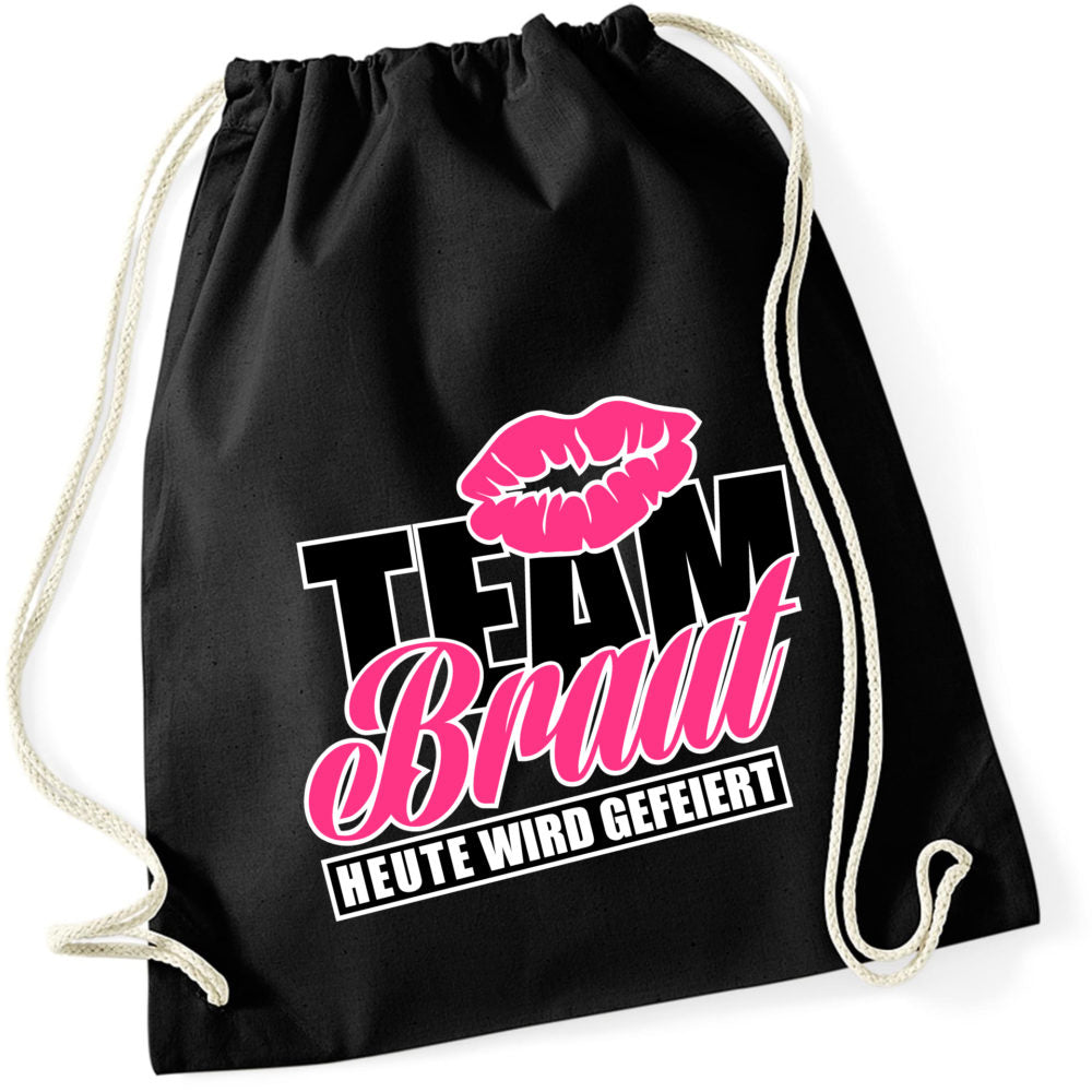 JGA-Rucksack "Team Braut" in fröhlichem Design, perfekt für Junggesellenabschiede. Mit einem Volumen von ca. 12 Litern bietet der Rucksack ausreichend Platz für Spiele, Accessoires und andere Utensilien. Ideal für die Braut und ihre Freundinnen.