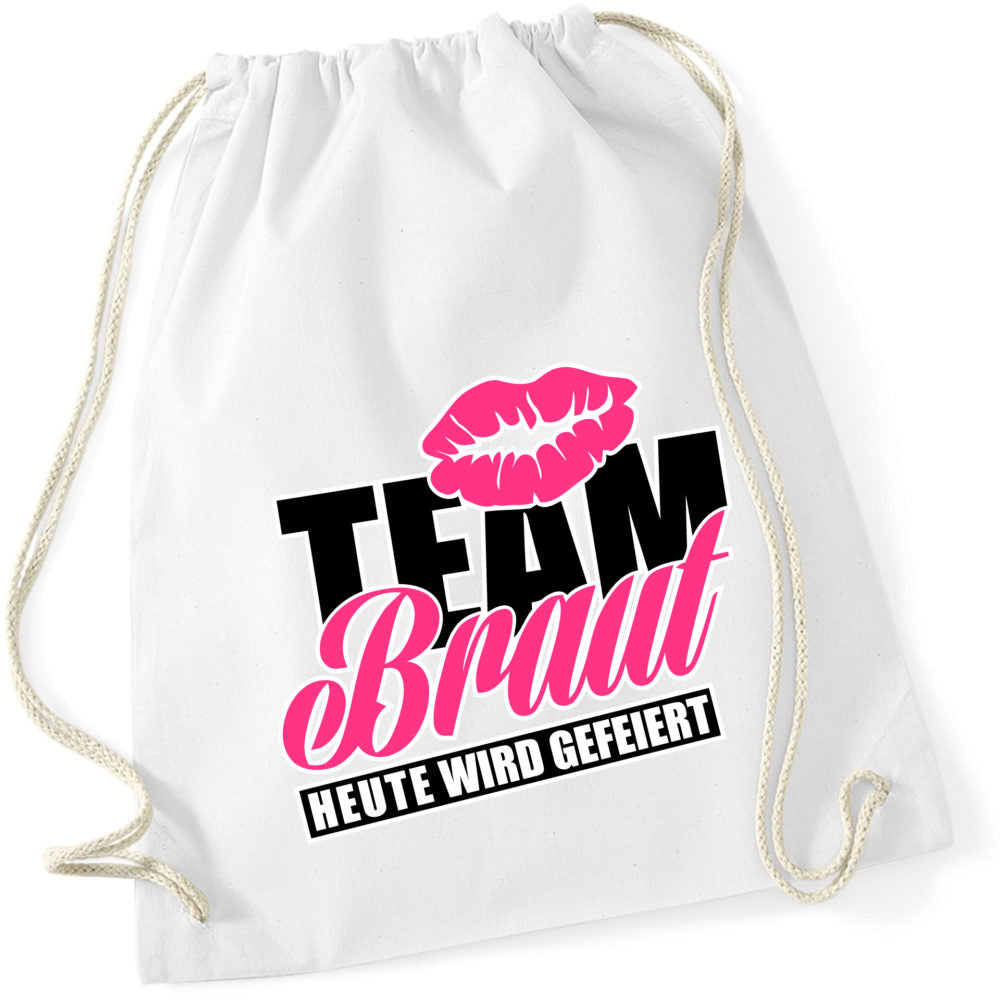 JGA-Rucksack "Team Braut" in fröhlichem Design, perfekt für Junggesellenabschiede. Mit einem Volumen von ca. 12 Litern bietet der Rucksack ausreichend Platz für Spiele, Accessoires und andere Utensilien. Ideal für die Braut und ihre Freundinnen.
