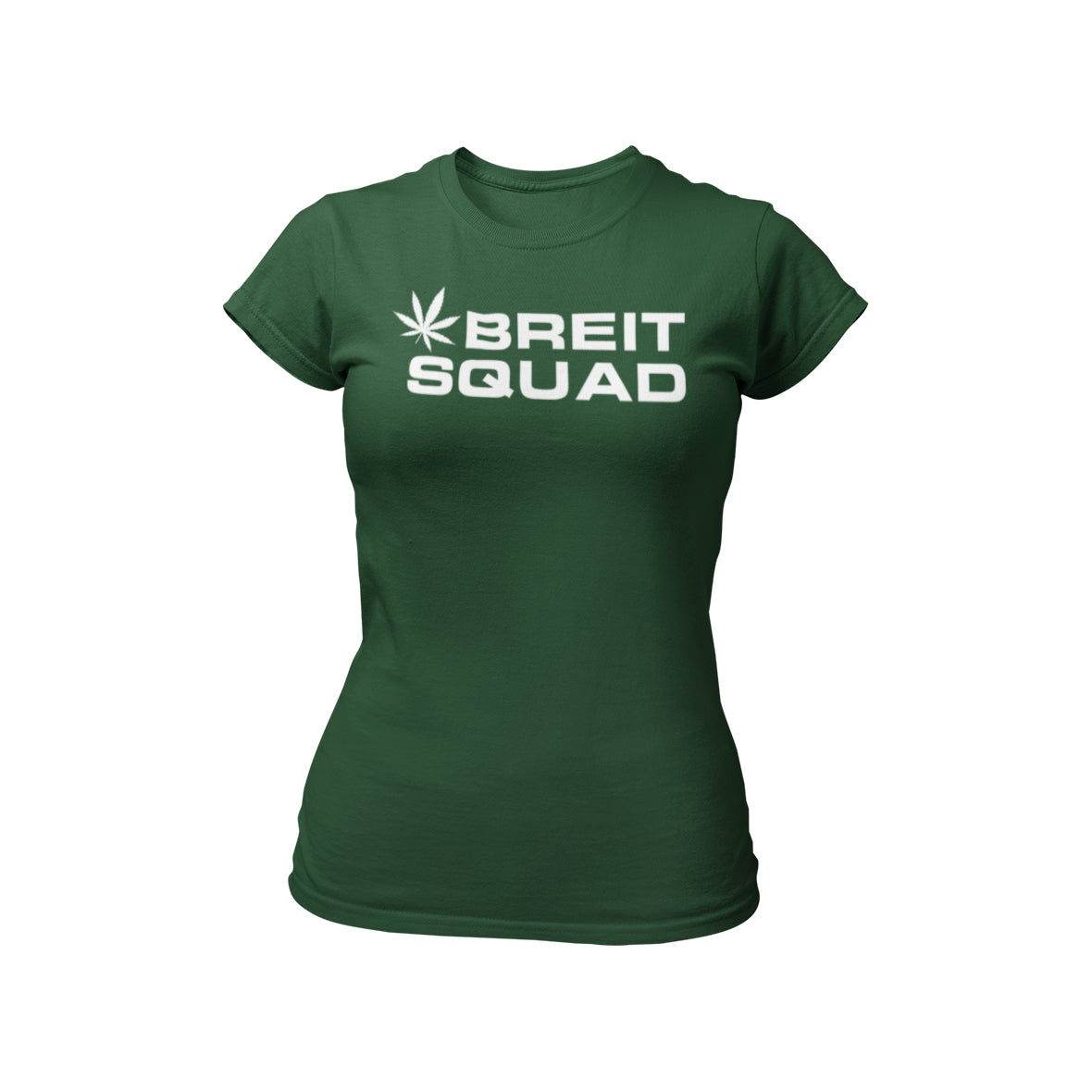 T-Shirt mit stylisiertem Cannabisblatt und dem Schriftzug „Breit Squad“ in leuchtenden Farben, ideal für Junggesellinnenabschiede. Hergestellt aus hochwertiger Baumwolle für Komfort und Langlebigkeit.