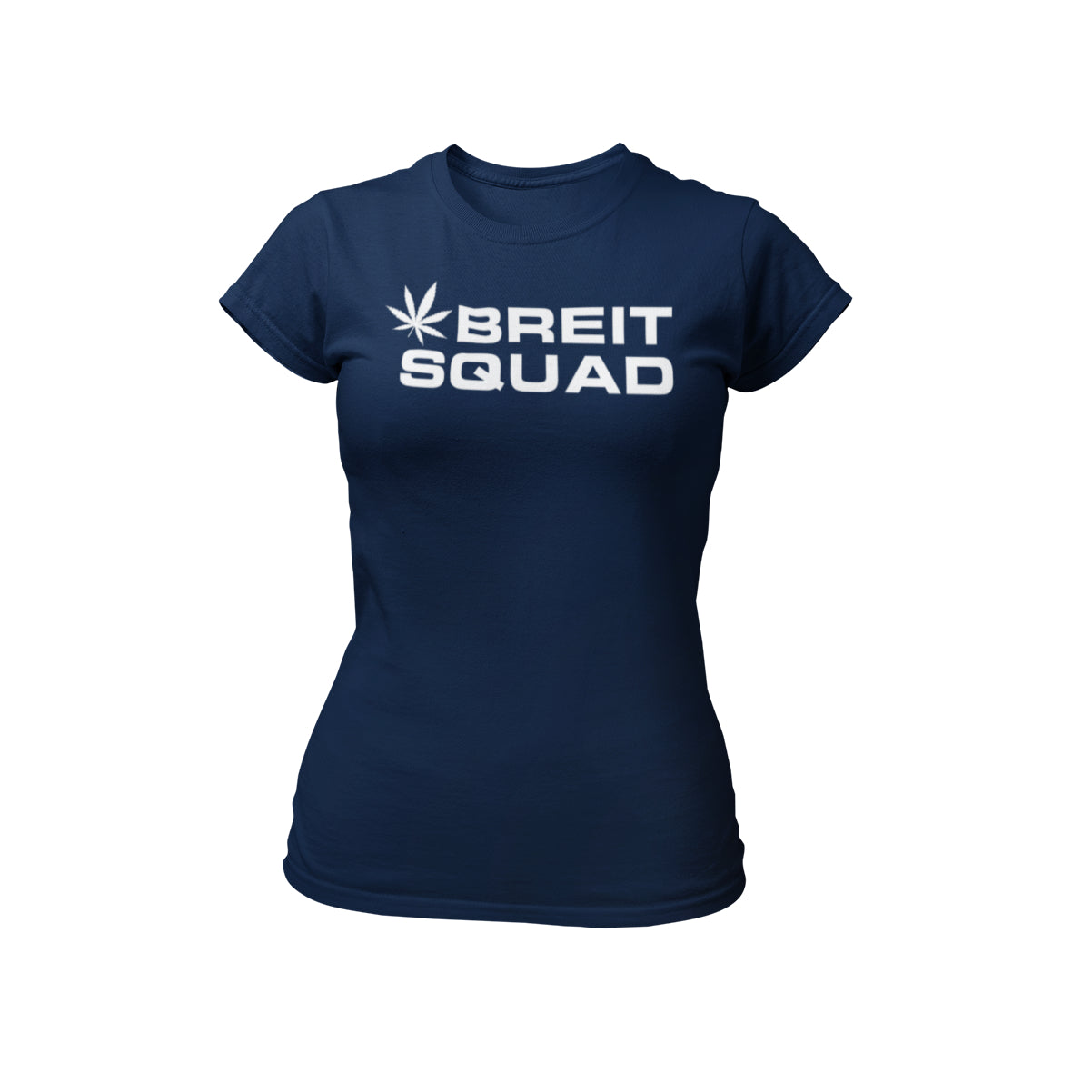 T-Shirt mit stylisiertem Cannabisblatt und dem Schriftzug „Breit Squad“ in leuchtenden Farben, ideal für Junggesellinnenabschiede. Hergestellt aus hochwertiger Baumwolle für Komfort und Langlebigkeit.