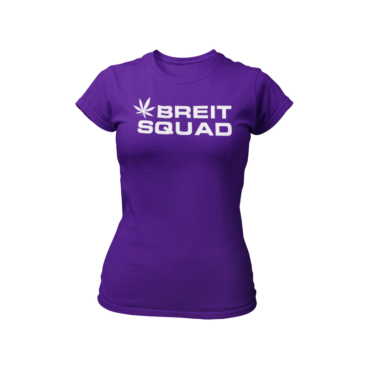 T-Shirt mit stylisiertem Cannabisblatt und dem Schriftzug „Breit Squad“ in leuchtenden Farben, ideal für Junggesellinnenabschiede. Hergestellt aus hochwertiger Baumwolle für Komfort und Langlebigkeit.
