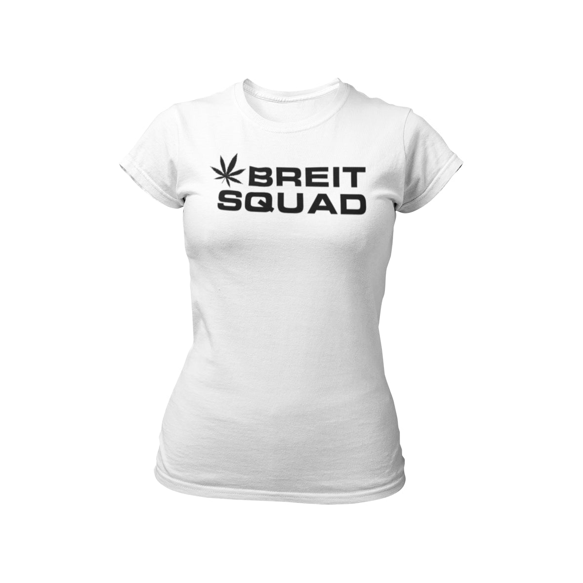 T-Shirt mit stylisiertem Cannabisblatt und dem Schriftzug „Breit Squad“ in leuchtenden Farben, ideal für Junggesellinnenabschiede. Hergestellt aus hochwertiger Baumwolle für Komfort und Langlebigkeit.