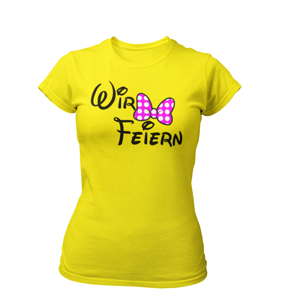 Damen T-Shirt "Wir feiern" mit Schleife, ideal für den Junggesellinnenabschied. Erhältlich in verschiedenen Farben, ergänzt es perfekt das Braut-Shirt und sorgt für einen stilvollen Auftritt bei der Feier.