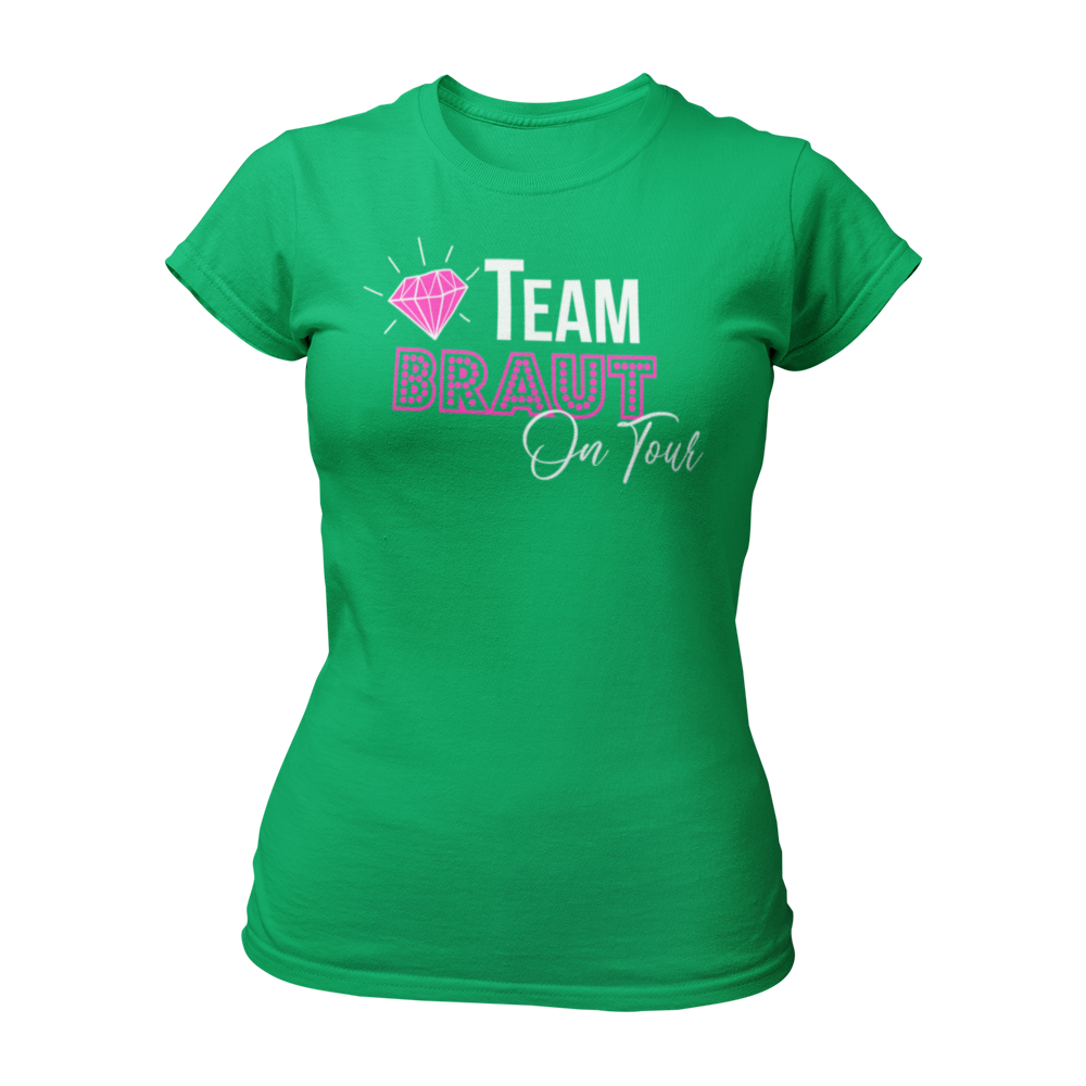 Damen T-Shirt "Team Braut on Tour" für den Junggesellinnenabschied. Das Shirt hat ein elegantes Design, das perfekt zur Hochzeit passt. Es gibt auch ein passendes Braut-Shirt für die gesamte Gruppe.