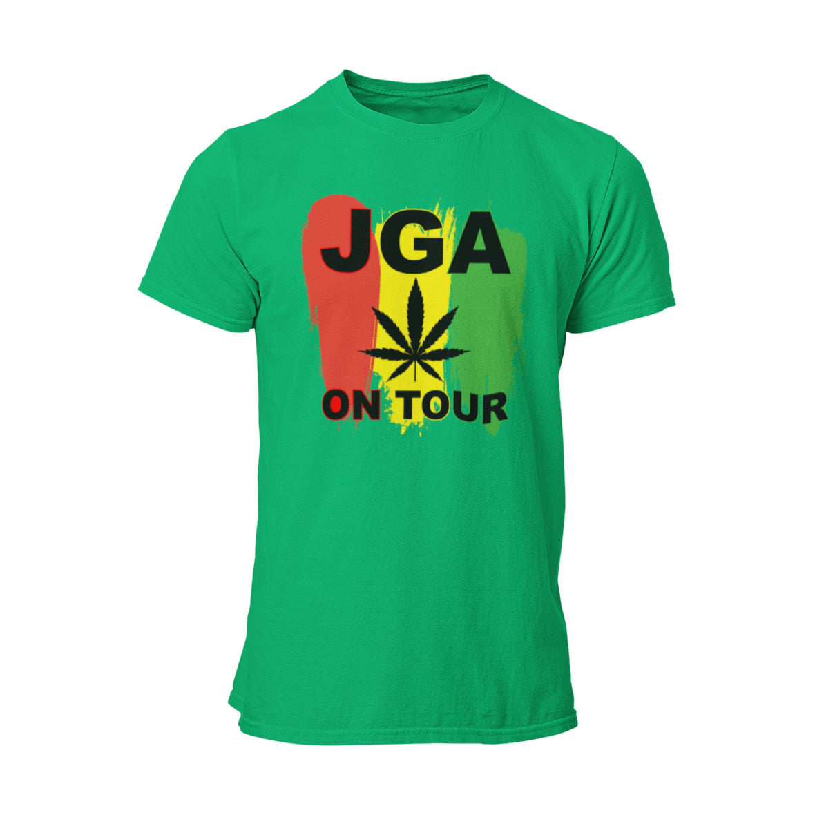 Grünes Cannabis JGA On Tour T-Shirt, perfekt für den Junggesellenabschied. Auffälliges Design, aus hochwertiger Baumwolle, in verschiedenen Größen erhältlich.