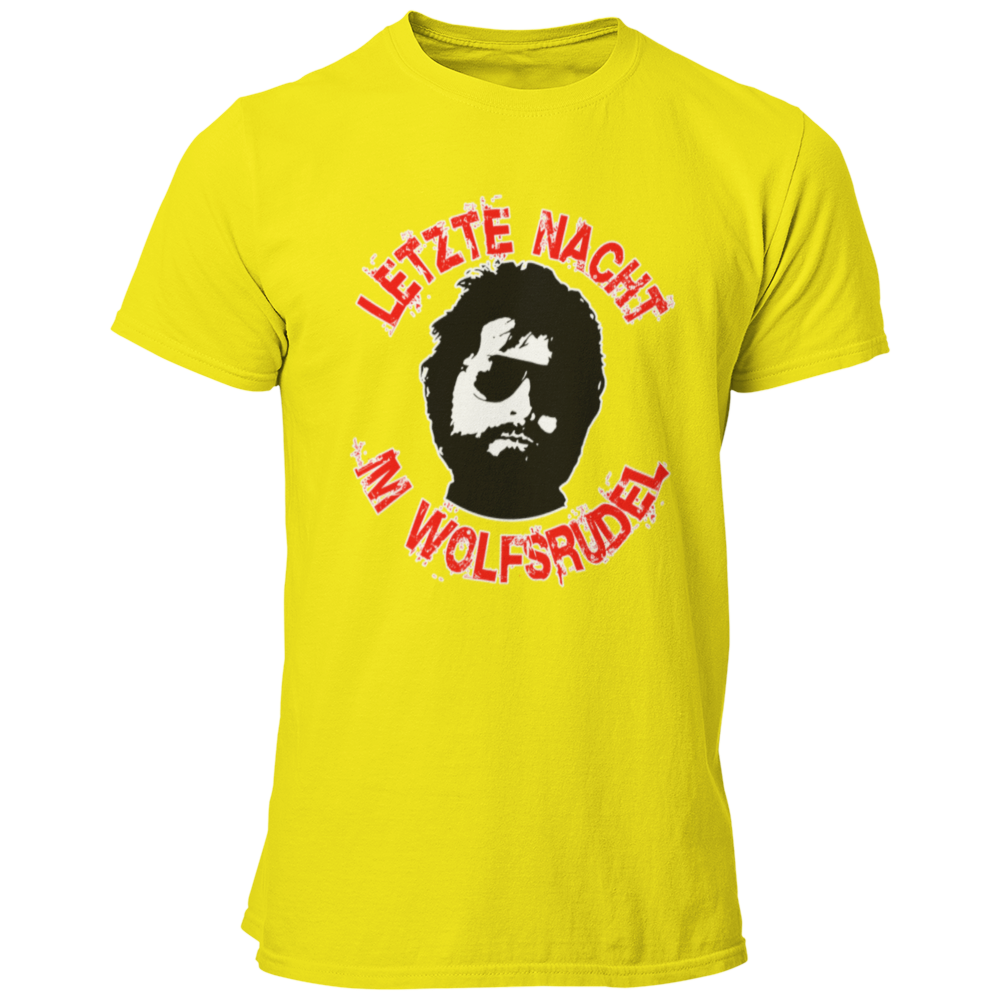 Das JGA T-Shirt "Letzte Nacht im Wolfsrudel" ist eine Hommage an den Kultfilm Hangover, mit einem stilisierten Abbild von Zach Galifianakis und dem auffälligen Spruch „Letzte Nacht im Wolfsrudel“. Perfekt für die letzte Nacht vor der Ehe, bringt es die enge Bindung zur feiernden Gruppe zum Ausdruck und sorgt für legendäre Erinnerungen