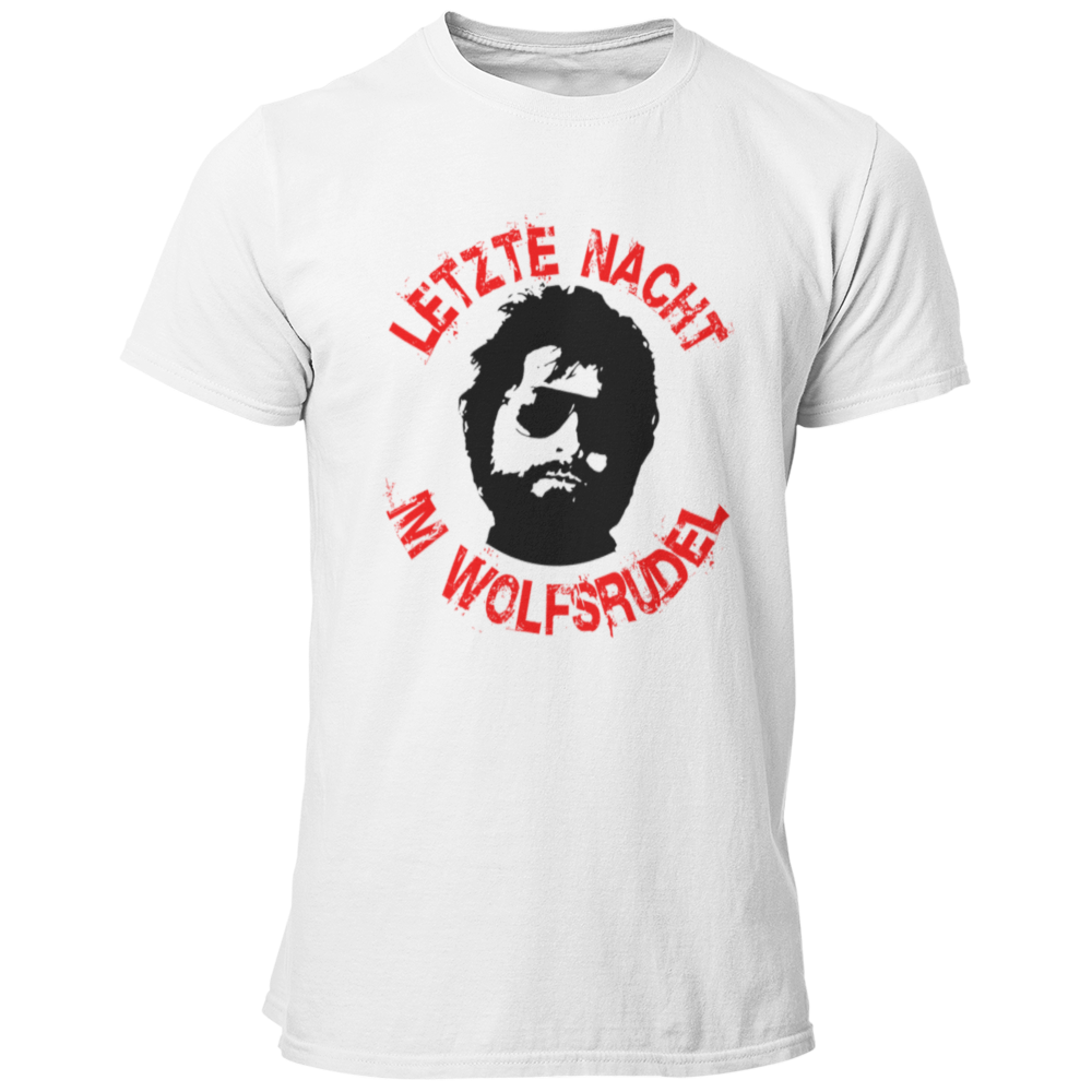 Das JGA T-Shirt "Letzte Nacht im Wolfsrudel" ist eine Hommage an den Kultfilm Hangover, mit einem stilisierten Abbild von Zach Galifianakis und dem auffälligen Spruch „Letzte Nacht im Wolfsrudel“. Perfekt für die letzte Nacht vor der Ehe, bringt es die enge Bindung zur feiernden Gruppe zum Ausdruck und sorgt für legendäre Erinnerungen