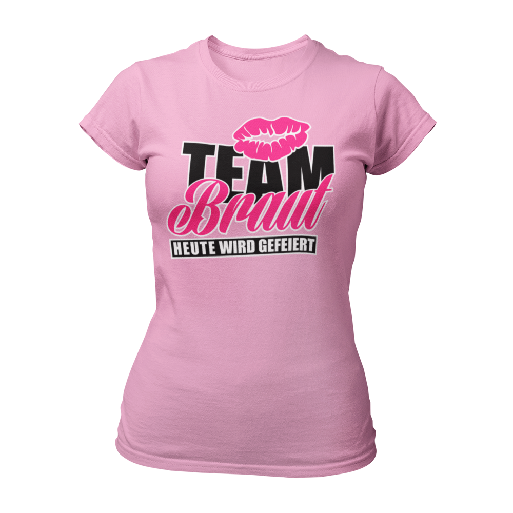 Damen T-Shirt "Team Braut – Heute wird gefeiert!" mit Kussmund und pinker Schrift, ein beliebtes JGA-Shirt für Frauen. Dieses feminine Design hat einen taillierten Schnitt und ist in verschiedenen Farben wie Pink, Weiß, Grün und Schwarz erhältlich. Perfekt für den Junggesellinnenabschied, um mit den Mädels stilvoll zu feiern!