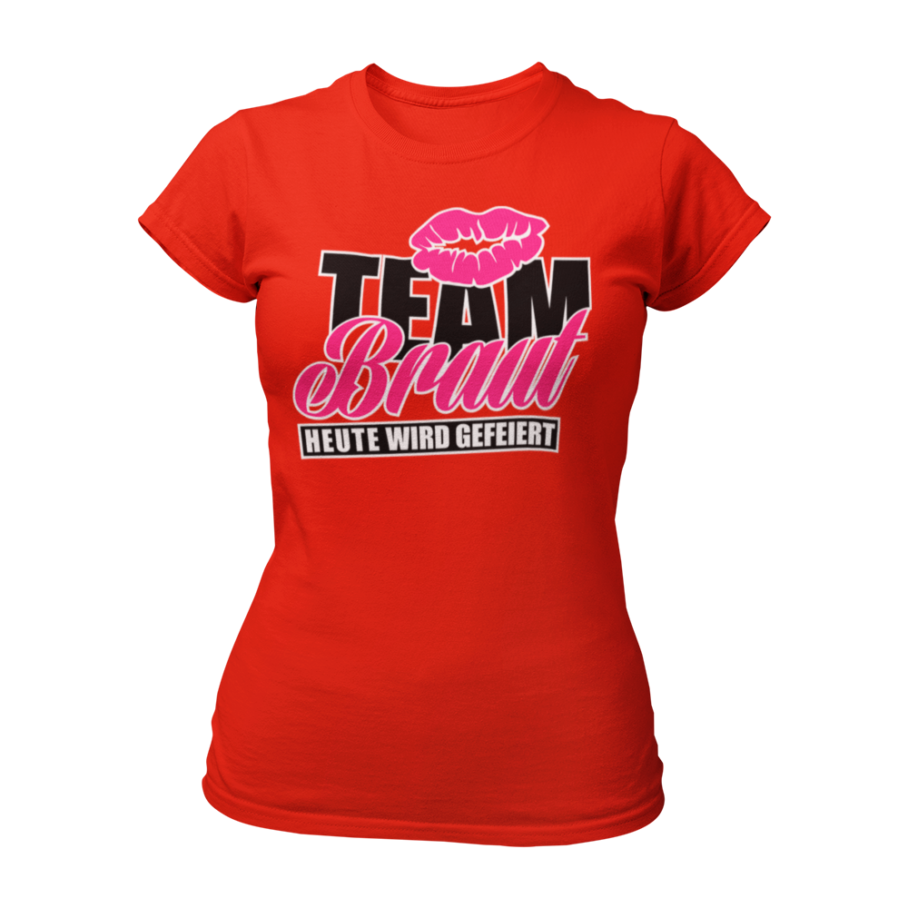 Damen T-Shirt "Team Braut – Heute wird gefeiert!" mit Kussmund und pinker Schrift, ein beliebtes JGA-Shirt für Frauen. Dieses feminine Design hat einen taillierten Schnitt und ist in verschiedenen Farben wie Pink, Weiß, Grün und Schwarz erhältlich. Perfekt für den Junggesellinnenabschied, um mit den Mädels stilvoll zu feiern!