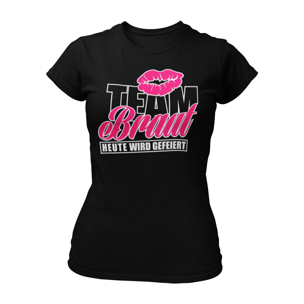 Damen T-Shirt "Team Braut – Heute wird gefeiert!" mit Kussmund und pinker Schrift, ein beliebtes JGA-Shirt für Frauen. Dieses feminine Design hat einen taillierten Schnitt und ist in verschiedenen Farben wie Pink, Weiß, Grün und Schwarz erhältlich. Perfekt für den Junggesellinnenabschied, um mit den Mädels stilvoll zu feiern!