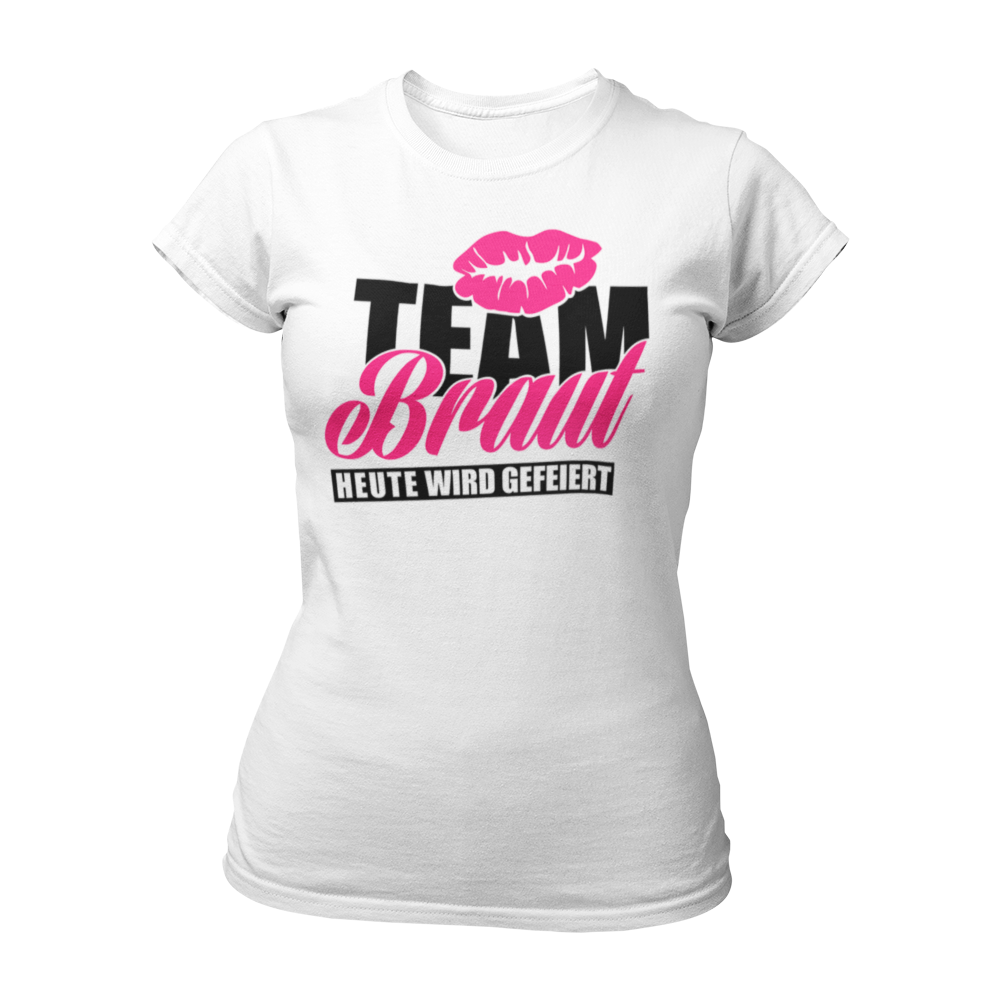 Damen T-Shirt "Team Braut – Heute wird gefeiert!" mit Kussmund und pinker Schrift, ein beliebtes JGA-Shirt für Frauen. Dieses feminine Design hat einen taillierten Schnitt und ist in verschiedenen Farben wie Pink, Weiß, Grün und Schwarz erhältlich. Perfekt für den Junggesellinnenabschied, um mit den Mädels stilvoll zu feiern!