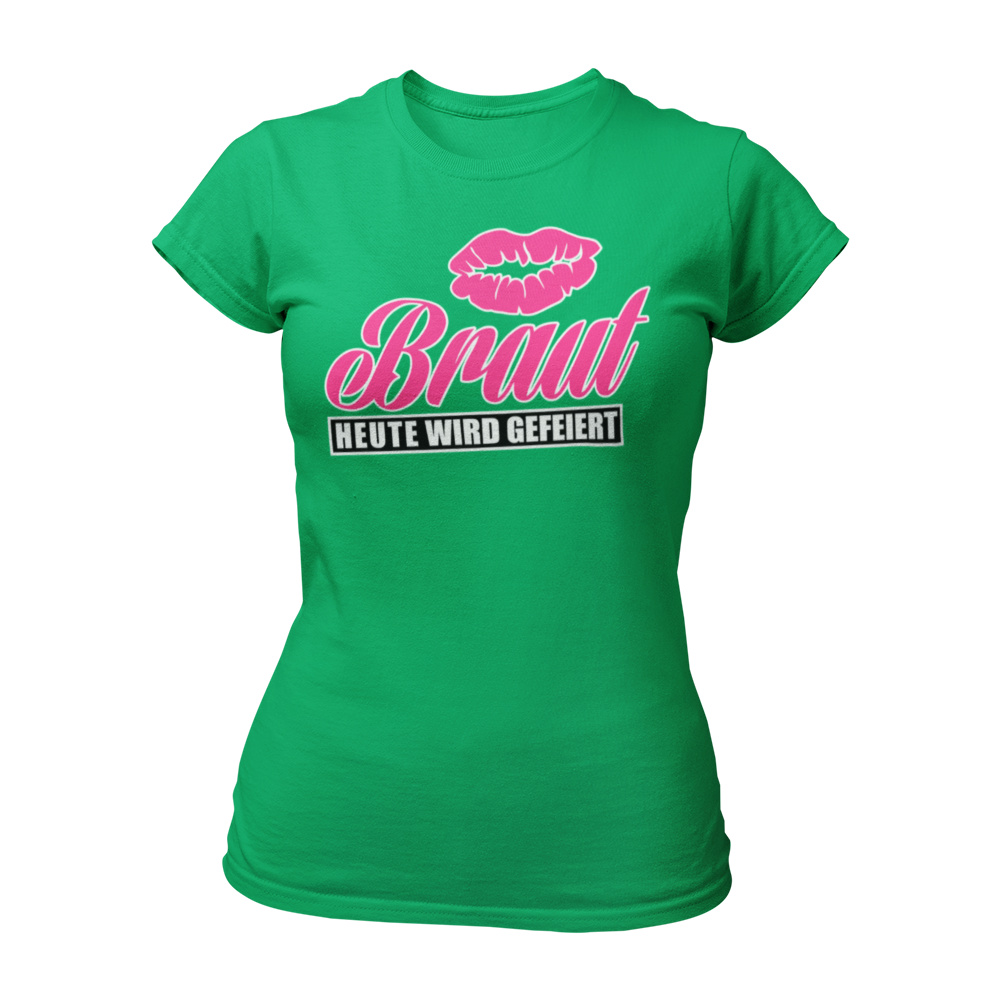 Damen T-Shirt "Braut Heute wird gefeiert!" mit Kussmund und pinker Schrift, perfekt für den Junggesellinnenabschied. Dieses Topseller-Shirt lässt sich mit dem "Team Braut" Shirt kombinieren und ist in verschiedenen Farben wie Blau, Weiß, Schwarz und Pink erhältlich. Ein must-have für einen unvergesslichen Abend mit den Mädels!