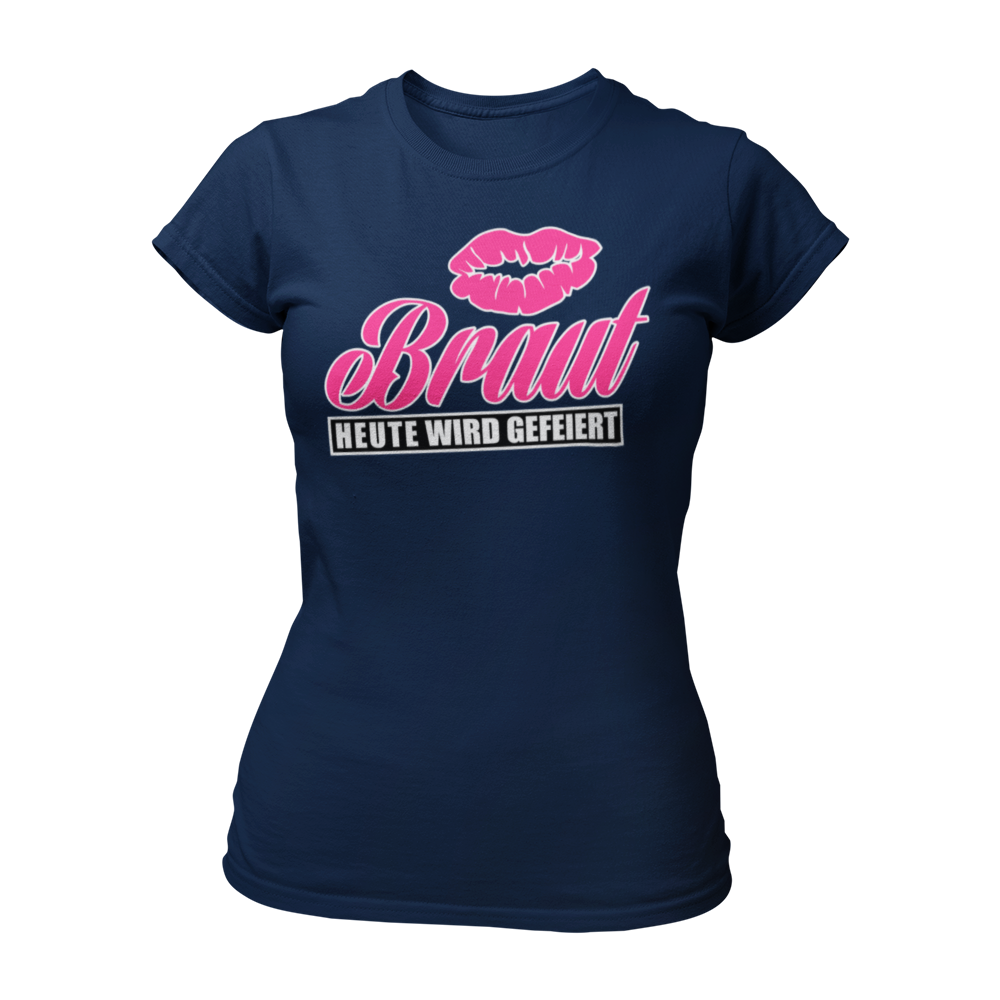 Damen T-Shirt "Braut Heute wird gefeiert!" mit Kussmund und pinker Schrift, perfekt für den Junggesellinnenabschied. Dieses Topseller-Shirt lässt sich mit dem "Team Braut" Shirt kombinieren und ist in verschiedenen Farben wie Blau, Weiß, Schwarz und Pink erhältlich. Ein must-have für einen unvergesslichen Abend mit den Mädels!