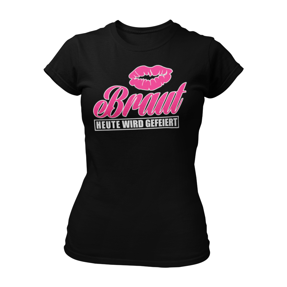 Damen T-Shirt "Braut Heute wird gefeiert!" mit Kussmund und pinker Schrift, perfekt für den Junggesellinnenabschied. Dieses Topseller-Shirt lässt sich mit dem "Team Braut" Shirt kombinieren und ist in verschiedenen Farben wie Blau, Weiß, Schwarz und Pink erhältlich. Ein must-have für einen unvergesslichen Abend mit den Mädels!