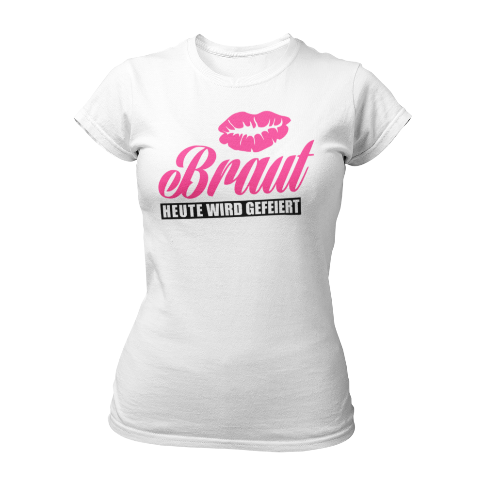 Damen T-Shirt "Braut Heute wird gefeiert!" mit Kussmund und pinker Schrift, perfekt für den Junggesellinnenabschied. Dieses Topseller-Shirt lässt sich mit dem "Team Braut" Shirt kombinieren und ist in verschiedenen Farben wie Blau, Weiß, Schwarz und Pink erhältlich. Ein must-have für einen unvergesslichen Abend mit den Mädels!