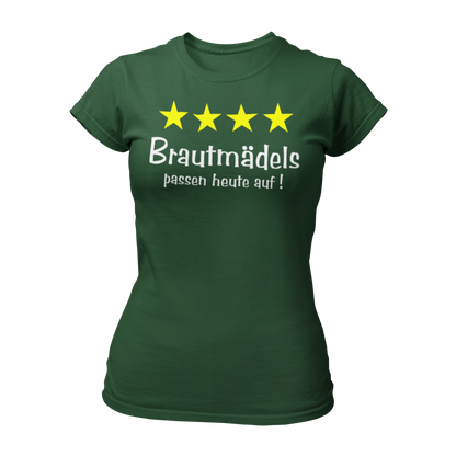 Damen T-Shirt "Brautmädels & Sterne" mit pinkem Schriftzug und 4 gelben Sternen, ideal für die Aufpasserinnen der Braut. Dieses stilvolle JGA-Shirt lässt sich perfekt mit dem Braut-Shirt "Braut & Krone" kombinieren und sorgt für eine festliche Atmosphäre beim Junggesellinnenabschied.