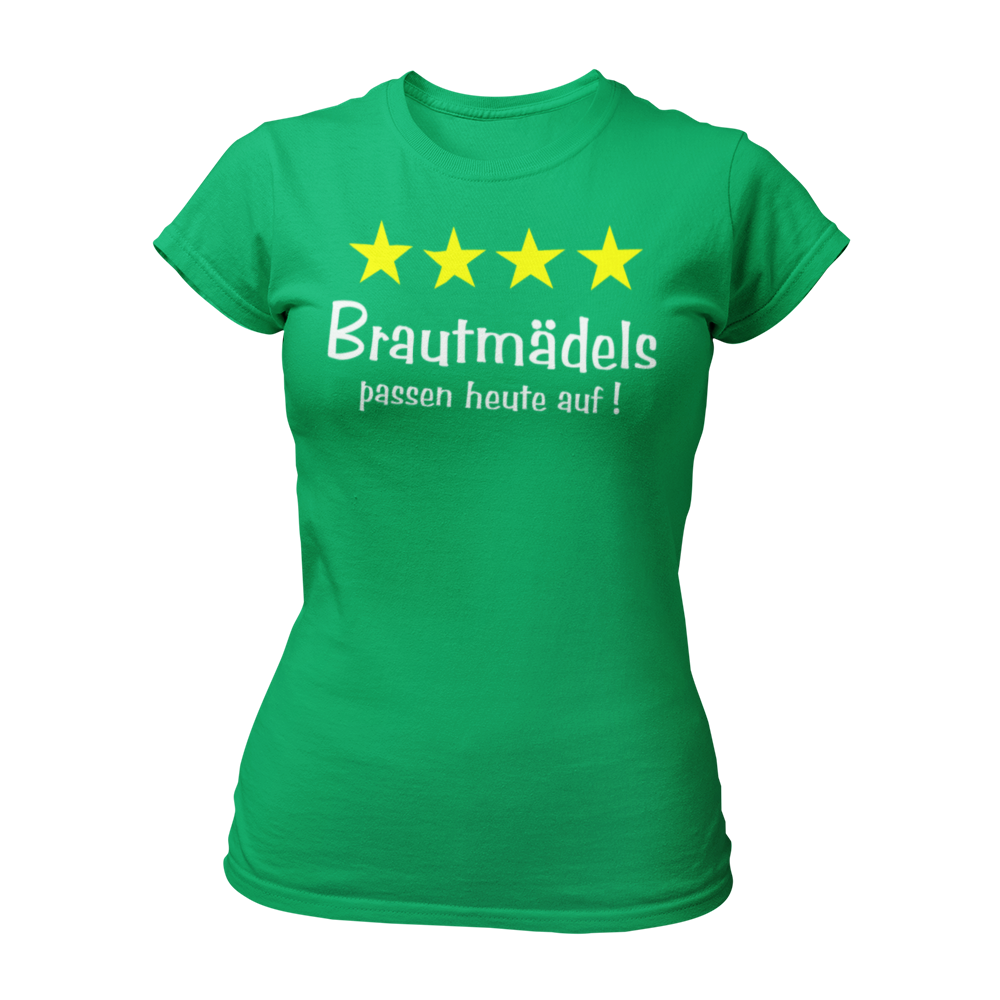 Damen T-Shirt "Brautmädels & Sterne" mit pinkem Schriftzug und 4 gelben Sternen, ideal für die Aufpasserinnen der Braut. Dieses stilvolle JGA-Shirt lässt sich perfekt mit dem Braut-Shirt "Braut & Krone" kombinieren und sorgt für eine festliche Atmosphäre beim Junggesellinnenabschied.