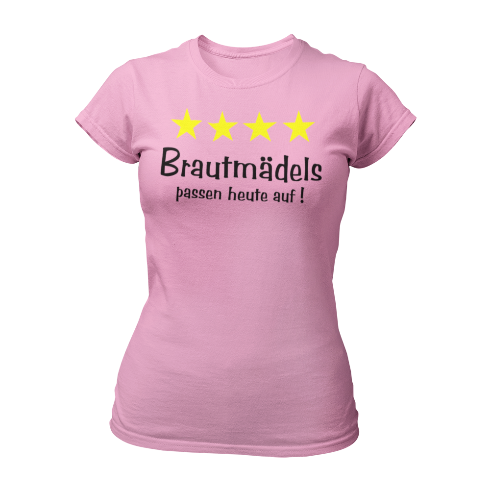 Damen T-Shirt "Brautmädels & Sterne" mit pinkem Schriftzug und 4 gelben Sternen, ideal für die Aufpasserinnen der Braut. Dieses stilvolle JGA-Shirt lässt sich perfekt mit dem Braut-Shirt "Braut & Krone" kombinieren und sorgt für eine festliche Atmosphäre beim Junggesellinnenabschied.