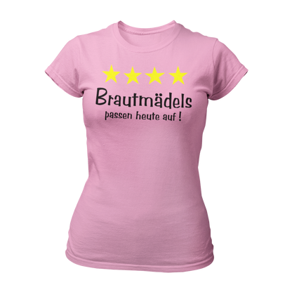 Damen T-Shirt "Brautmädels & Sterne" mit pinkem Schriftzug und 4 gelben Sternen, ideal für die Aufpasserinnen der Braut. Dieses stilvolle JGA-Shirt lässt sich perfekt mit dem Braut-Shirt "Braut & Krone" kombinieren und sorgt für eine festliche Atmosphäre beim Junggesellinnenabschied.