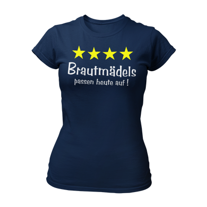 Damen T-Shirt "Brautmädels & Sterne" mit pinkem Schriftzug und 4 gelben Sternen, ideal für die Aufpasserinnen der Braut. Dieses stilvolle JGA-Shirt lässt sich perfekt mit dem Braut-Shirt "Braut & Krone" kombinieren und sorgt für eine festliche Atmosphäre beim Junggesellinnenabschied.