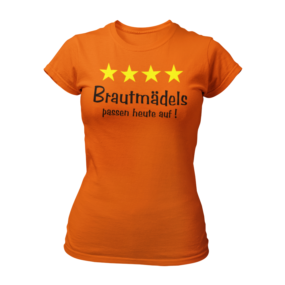 Damen T-Shirt "Brautmädels & Sterne" mit pinkem Schriftzug und 4 gelben Sternen, ideal für die Aufpasserinnen der Braut. Dieses stilvolle JGA-Shirt lässt sich perfekt mit dem Braut-Shirt "Braut & Krone" kombinieren und sorgt für eine festliche Atmosphäre beim Junggesellinnenabschied.