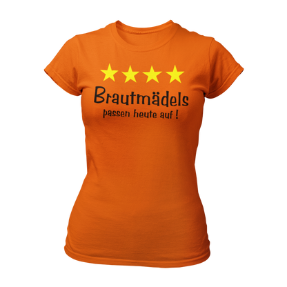 Damen T-Shirt "Brautmädels & Sterne" mit pinkem Schriftzug und 4 gelben Sternen, ideal für die Aufpasserinnen der Braut. Dieses stilvolle JGA-Shirt lässt sich perfekt mit dem Braut-Shirt "Braut & Krone" kombinieren und sorgt für eine festliche Atmosphäre beim Junggesellinnenabschied.